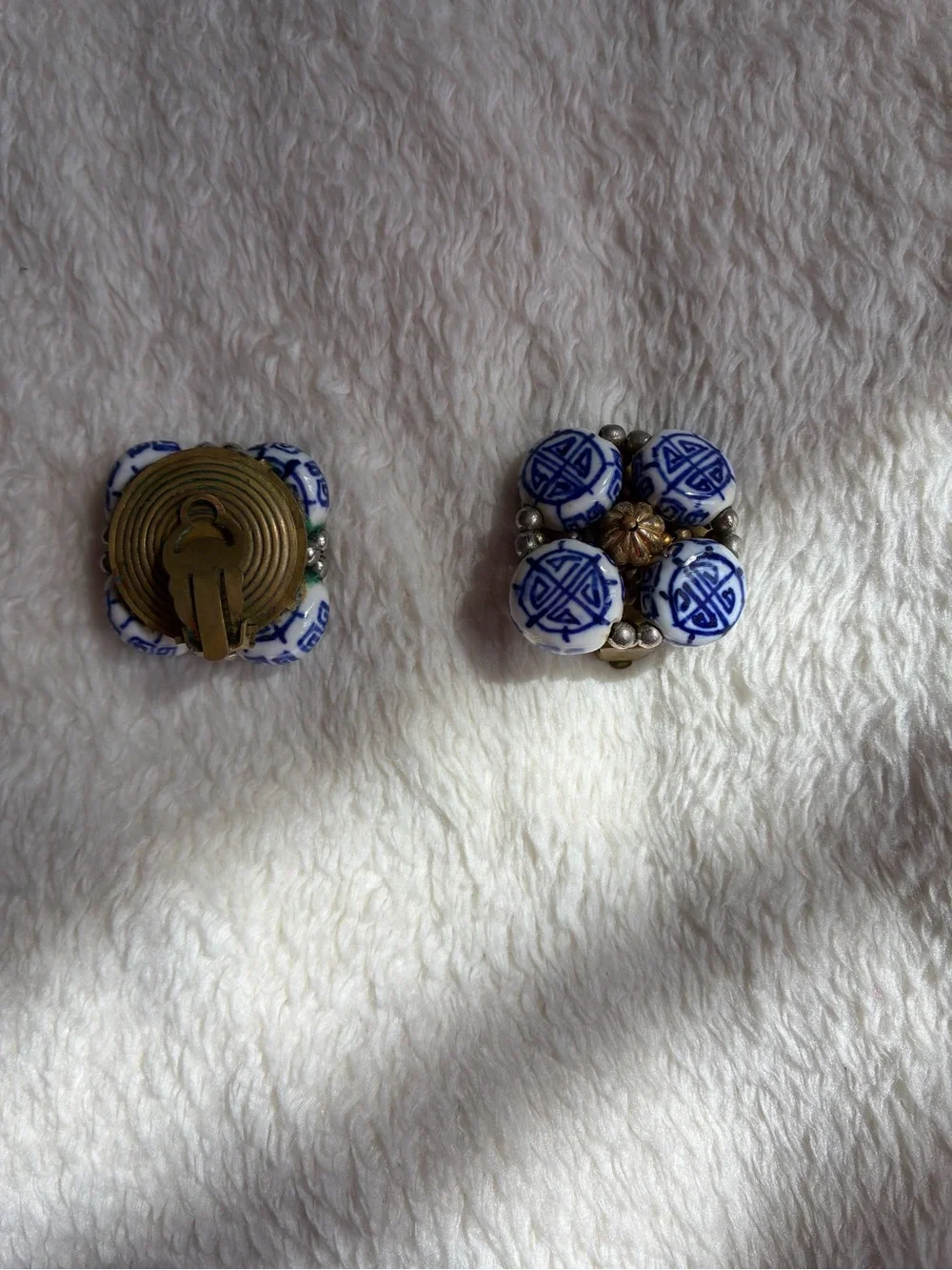 Vintage Blue and White Porcelain Floral Clip-On Earrings